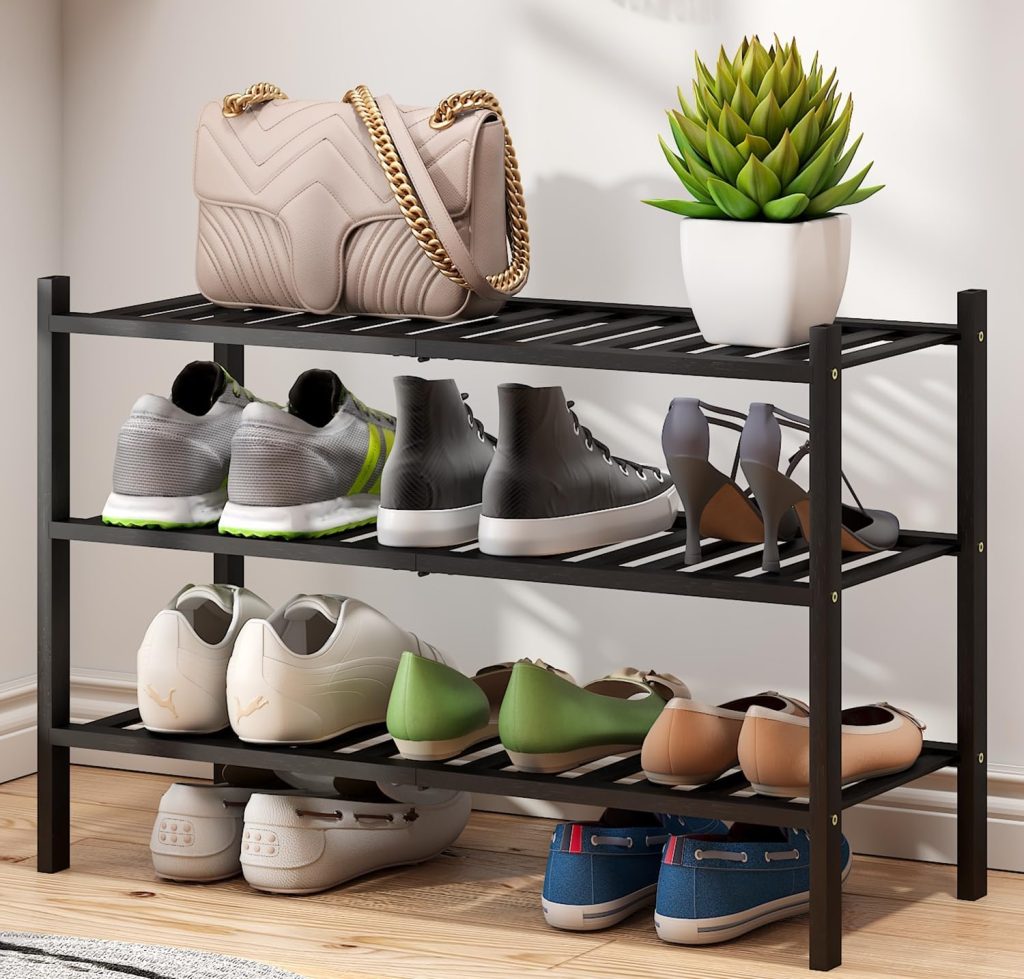 Bamboo 3-Tier Black Shoe Rack